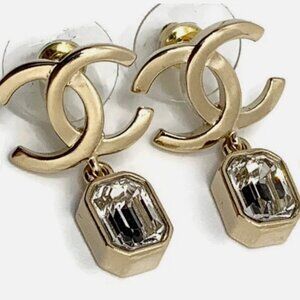 Authentic CHANEL CC gold earrings with dangling crystals